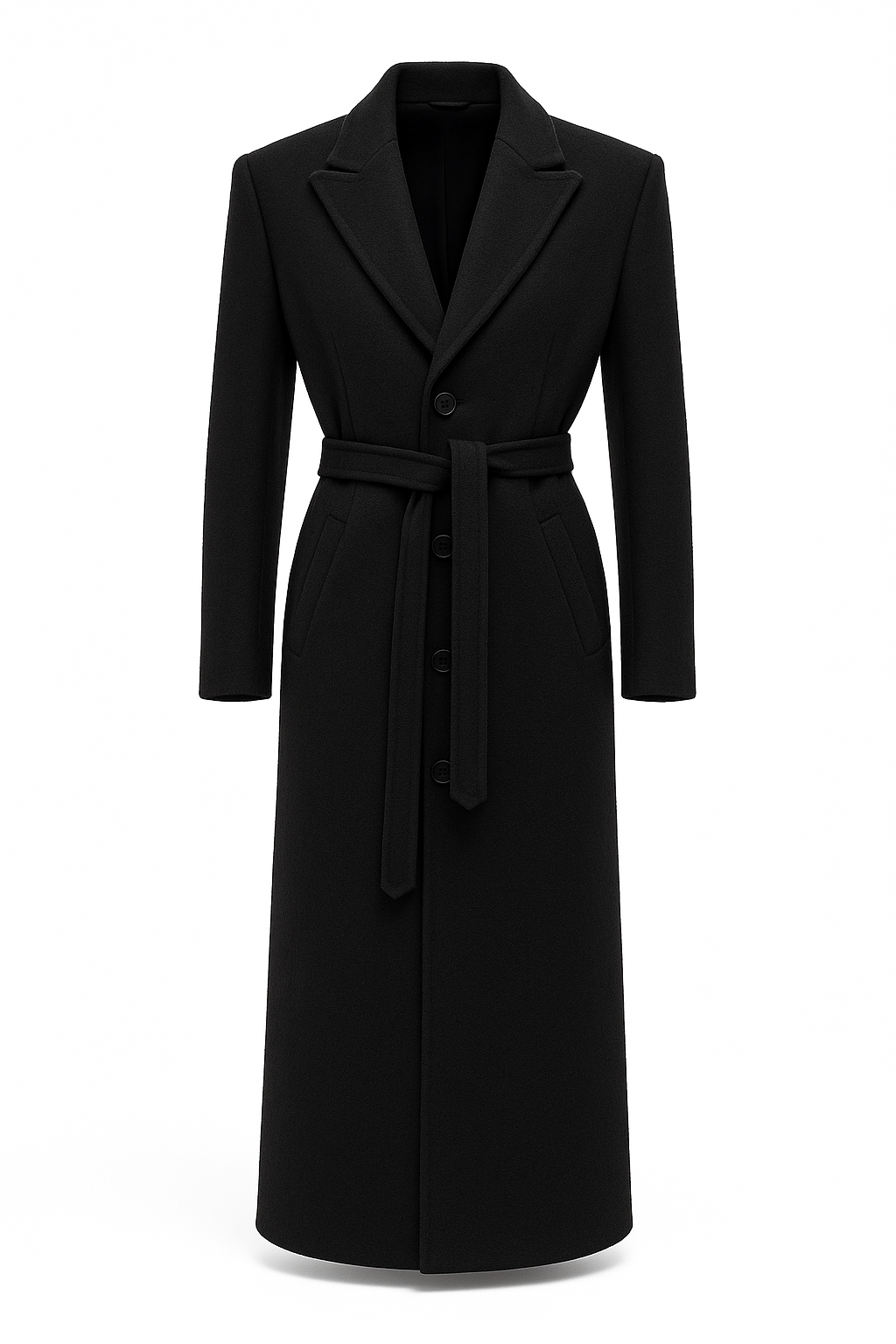 Wełniany płaszcz maxi z wiązanym pasem