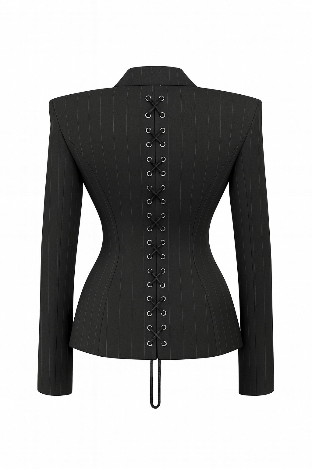 Grafitowy, taliowany garnitur w prążek z krawatem, wiązaniem na plecach i fiszbinami