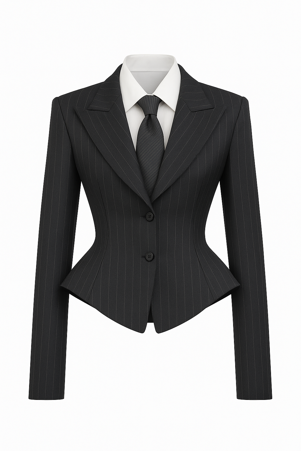Grafitowy, taliowany garnitur w prążek z krawatem, wiązaniem na plecach i fiszbinami