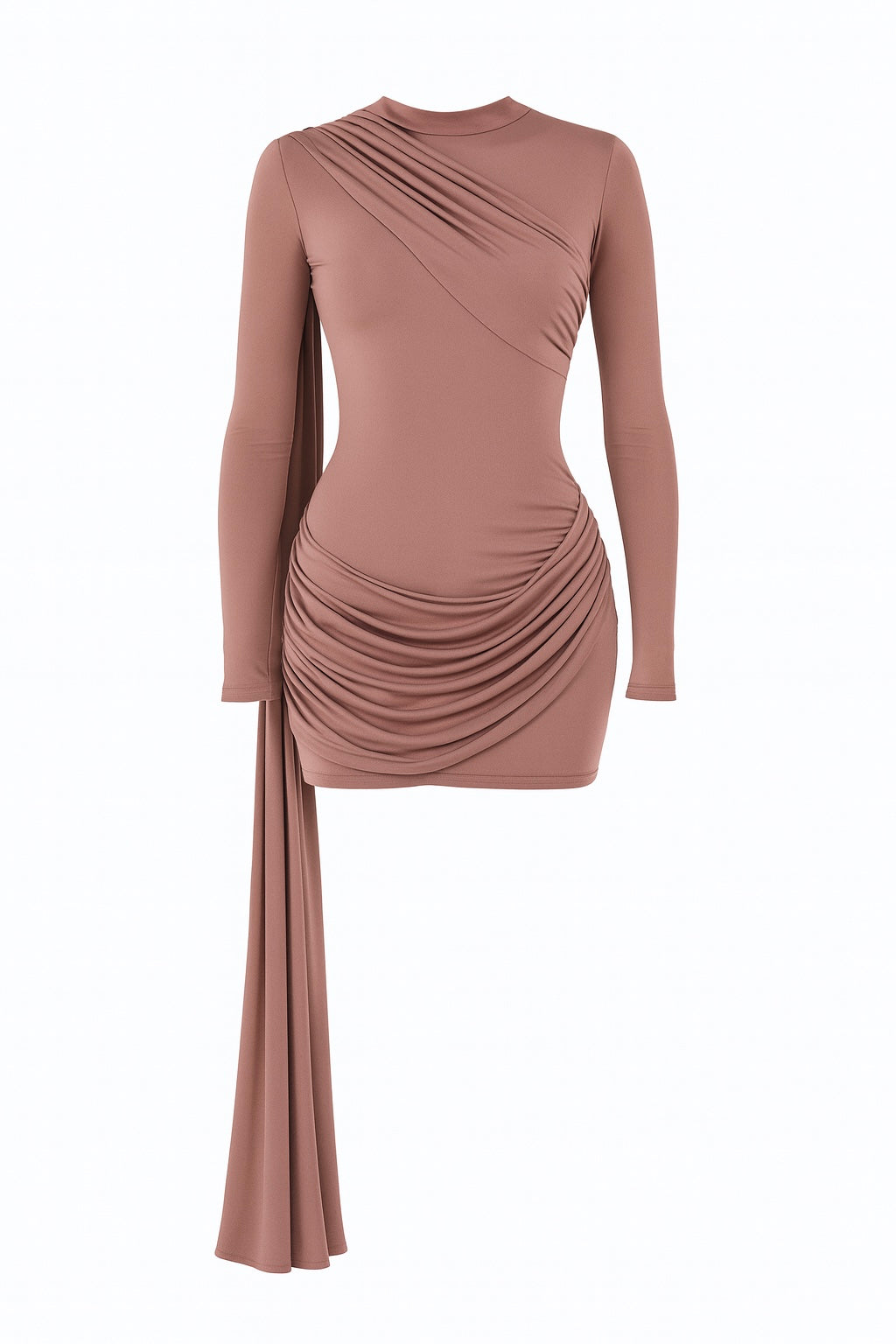 Krótka sukienka z elastycznej bawełny z marszczeniem. Czekolada i brudny róż.