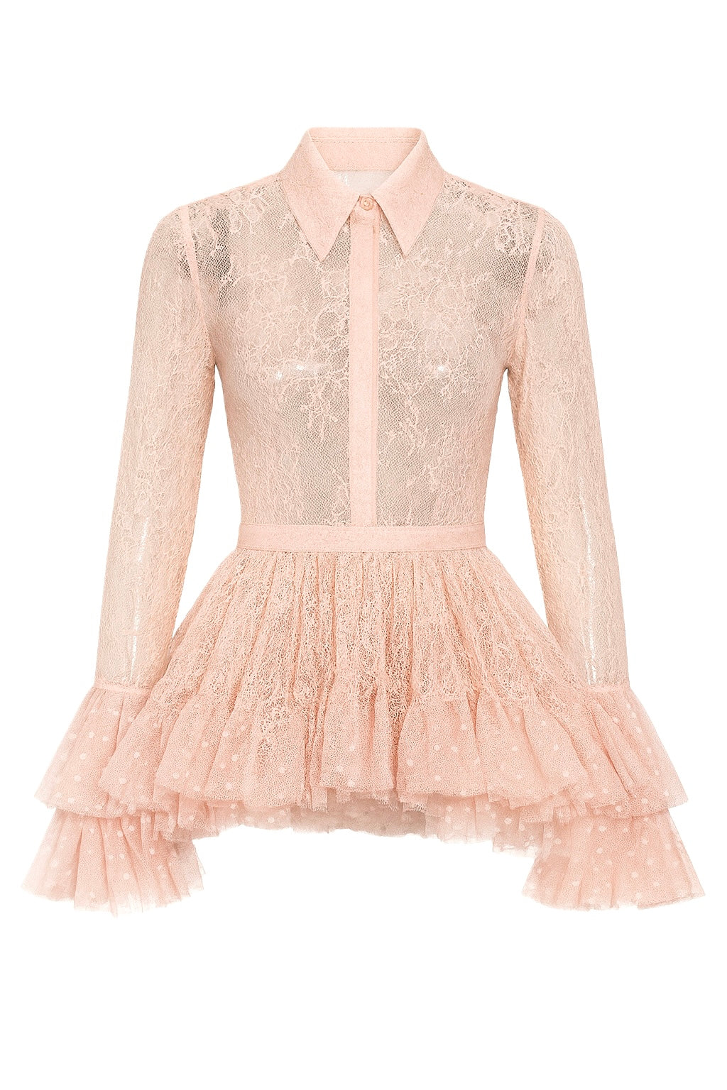 Koronkowa, przezroczysta bluzka z obfitymi falbanami i mankietami. 3 kolory