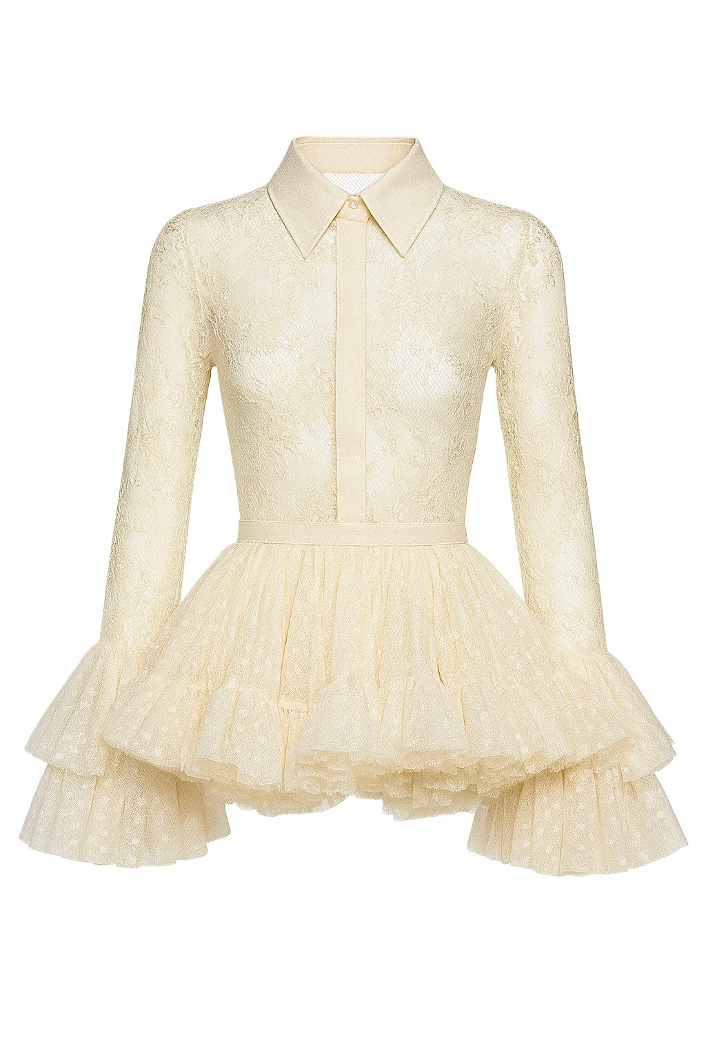 Koronkowa, przezroczysta bluzka z obfitymi falbanami i mankietami. 3 kolory