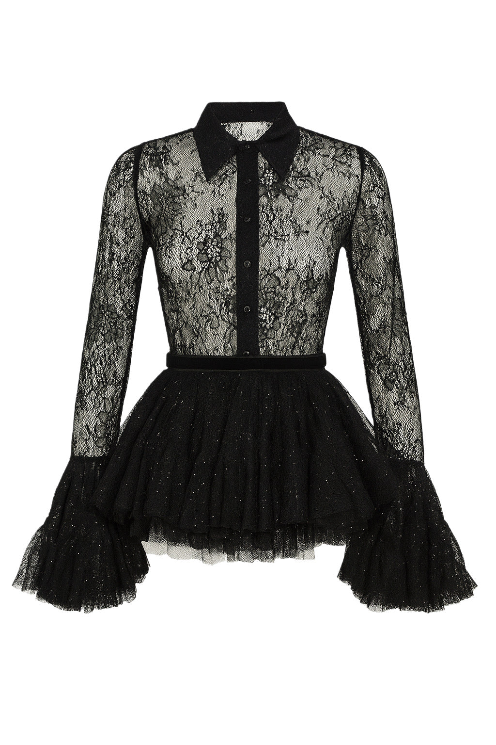 Koronkowa, przezroczysta bluzka z obfitymi falbanami i mankietami. 3 kolory