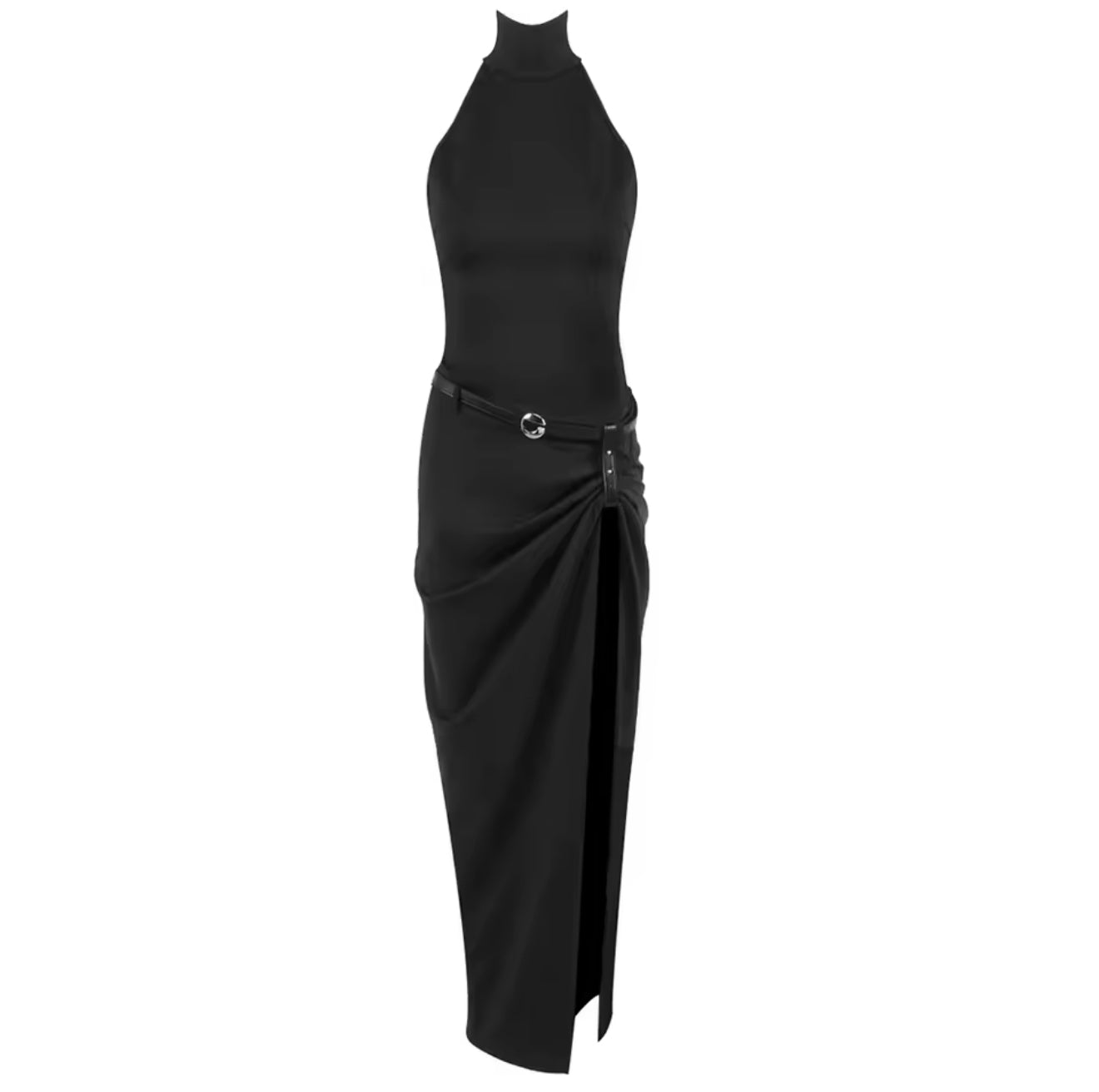 Czarna długa sukienka z rozcięciem i paskiem