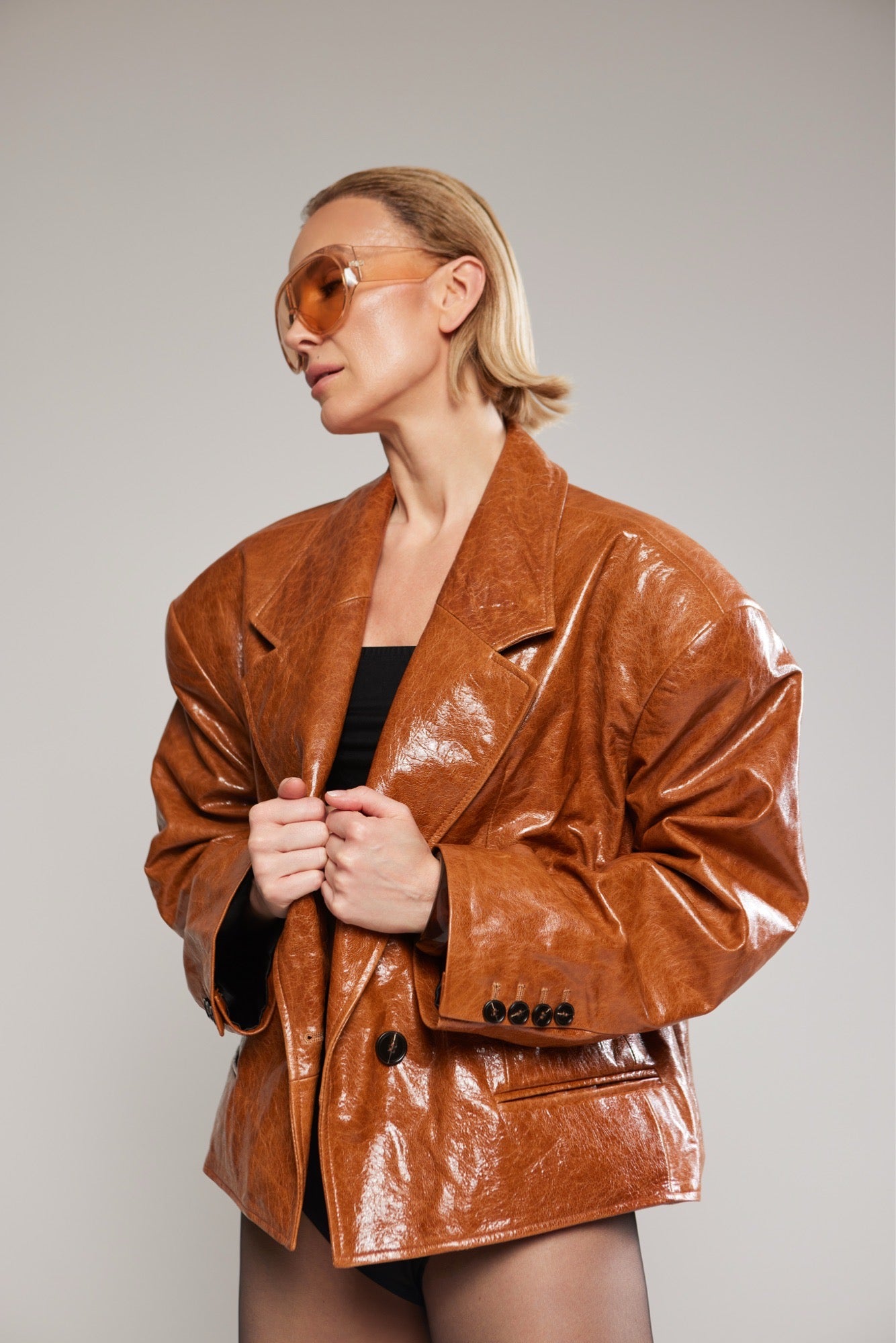 COGNAC GLOSS Oversize Leather Blazer - Vaulte