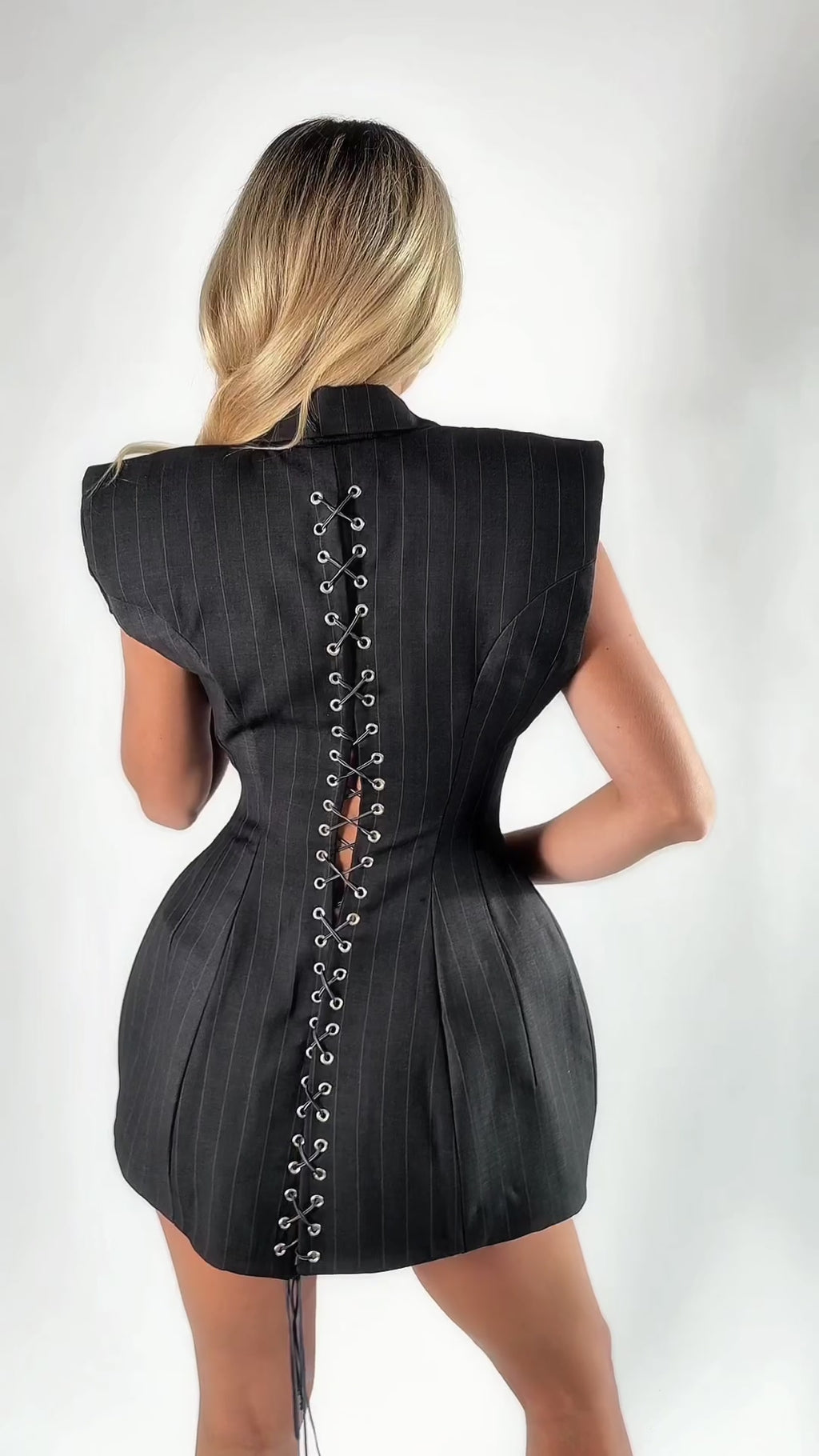 Graphite pinstripe mini dress with corset and tie detail | Vaulte The Label